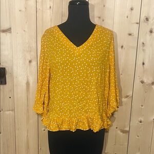 Mustard Yellow V-Neck Ruffle Hem Women's Top